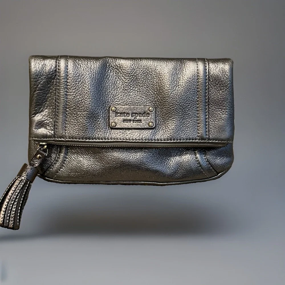 Kate Spade New York Metallic Leather Pewter Bag Shoulder Chain Strap/clutch Y2k